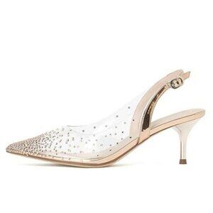 FSJ Gold Women Crystal Studded Clear Pumps Sparkle Rhinestones Mid Low Heel